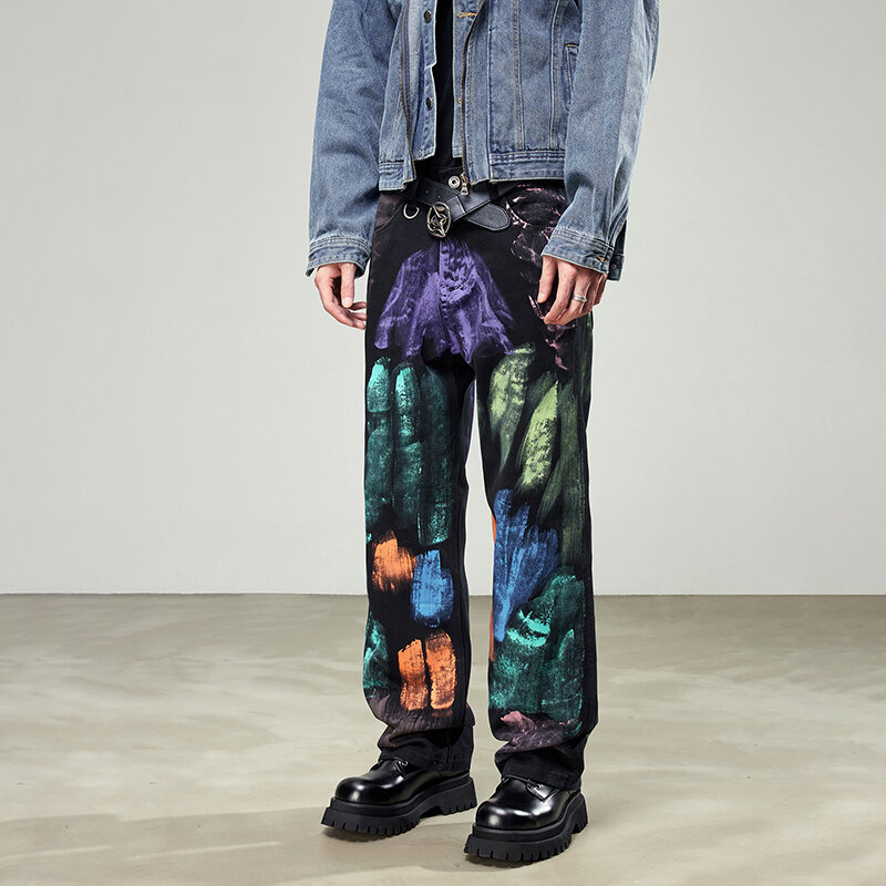 Jeans retrô masculino de moda de rua, Y2K, Hip-Hop, impressão digital, grafite personalizado, solto, casual, jeans retos