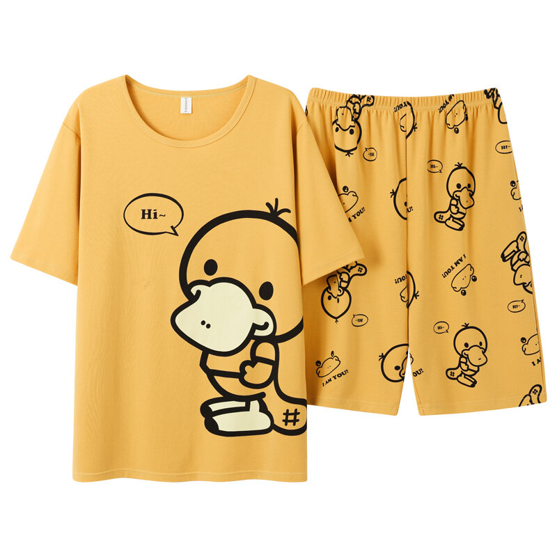 Summer Knitted Cotton Cartoon Duck Print Sleepwear Pajama Sets for Couples Short Suits Young Lovers Pajamas 4XL Homewear Fashion