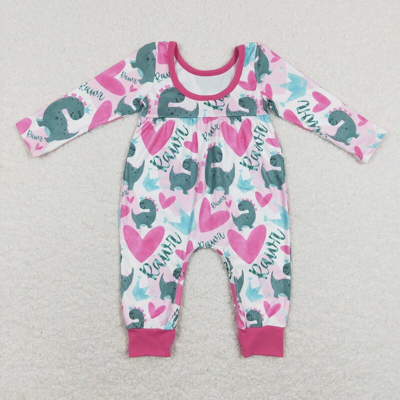 Wholesale Kids Baby Girls Valentine's Day Long Sleeves Hearts Dinosaurs Romper Children Toddler Newborn Infant Holiday Jumpsuit