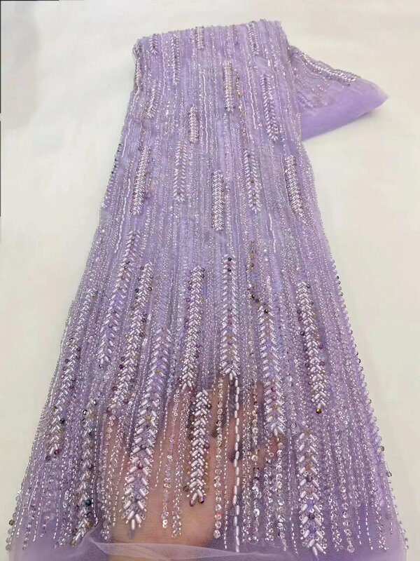 Tecido de renda frisado africano para vestido de festa, bordado de lantejoulas francesas, tecido pesado do noivo, alta qualidade, 2024