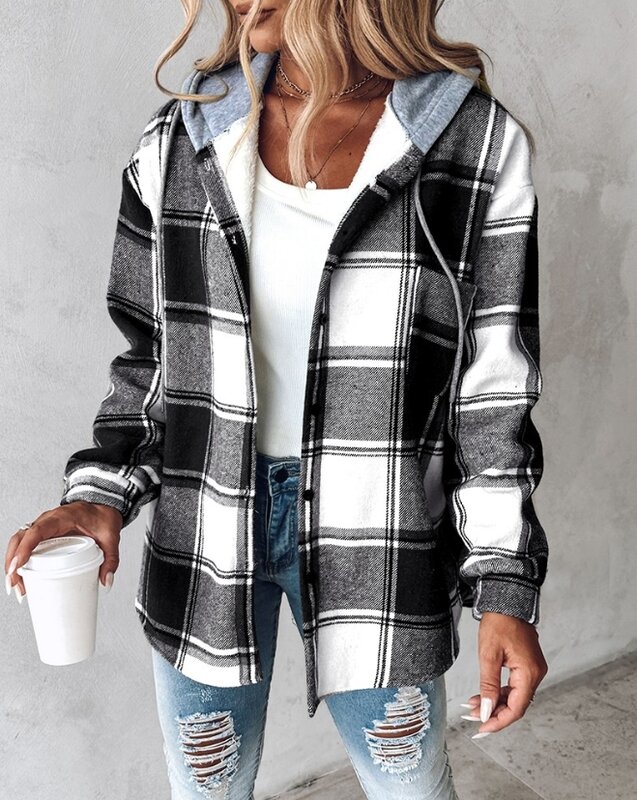 Women's Plaid Print Buttoned Hooded Shacket New 2023 Autumn Winter Long Sleeve Casual Female Clothing Thermal Warm Fashion Coat