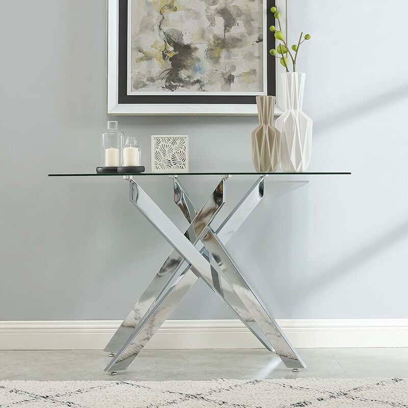 Stół konsolowy wąski stół Sofa w nowoczesnym stylu z hartowanymi szklanym wieczkiem i metalowymi rurowymi nogami, 45 "Lx18 Wx30 H, srebrny