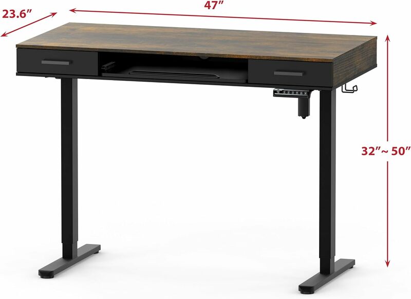 โต๊ะไฟฟ้าปรับความสูงได้ SHW 48นิ้วพร้อมถาดรองคีย์บอร์ดและลิ้นชัก2อันสีน้ำตาลเรียบง่าย