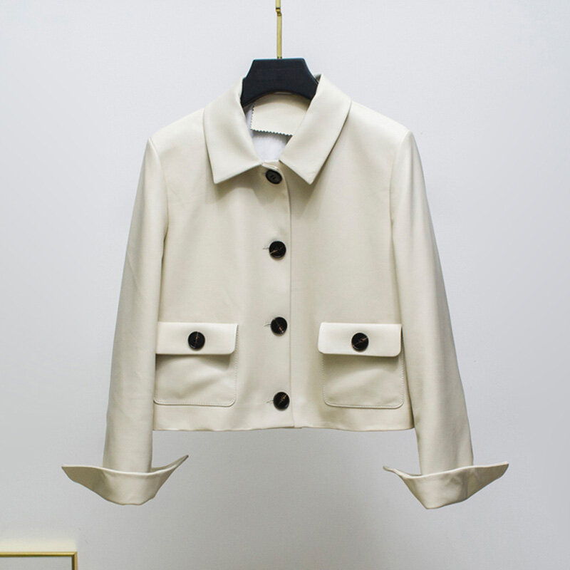 Chaqueta de cuero genuino para Mujer, abrigo corto ajustado de un solo pecho con bolsillo y cuello cuadrado, prendas de vestir para invierno, 2022