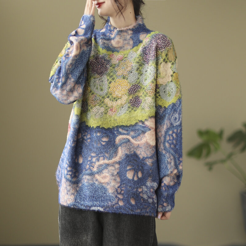 NYFS 2023 Autumn Winter New Korea Women Sweater Loose Turtleneck Mink Velvet Long Sleeve Pullover Knitting Print Tops