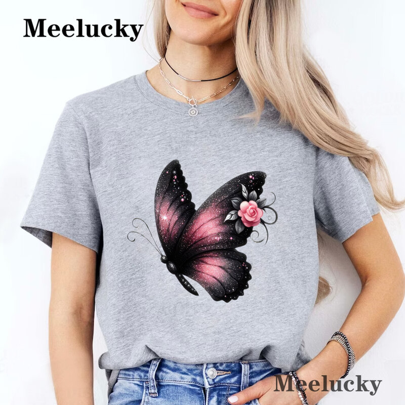 Camiseta com gola redonda estampada de flores e borboletas femininas, blusa casual de manga curta, roupas para primavera e verão