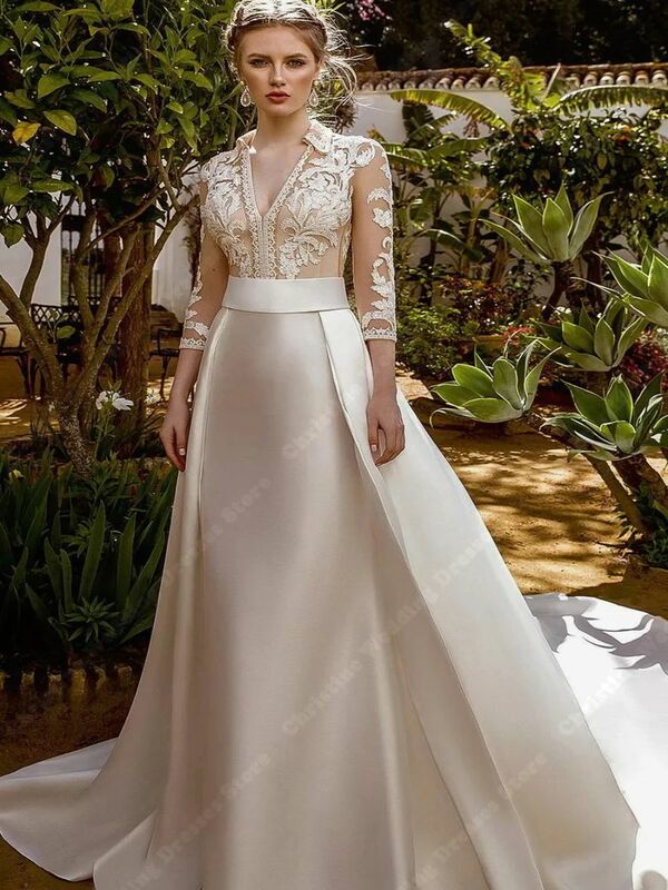 Gaun pernikahan permukaan Satin bercahaya gaun pengantin decal renda A-line elegan gaun pengantin putri klasik kustom terbaru Vestido De Noiva