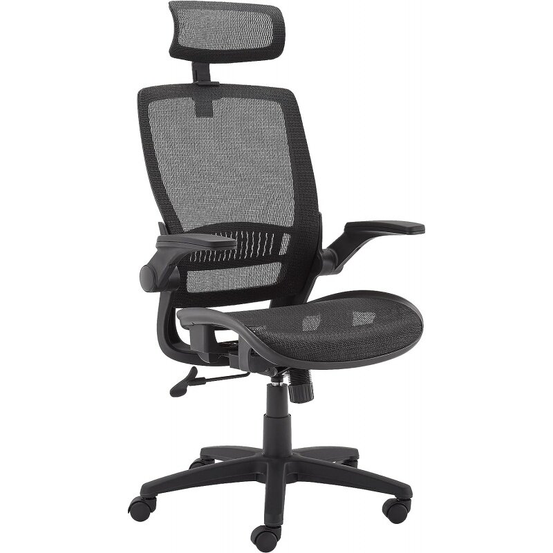 Базовое эргономичное регулируемое кресло с высокой спинкой, с откидными руками и подголовником, контурное Сетчатое сиденье, черный цвет, 25,5 D x 26,25 W