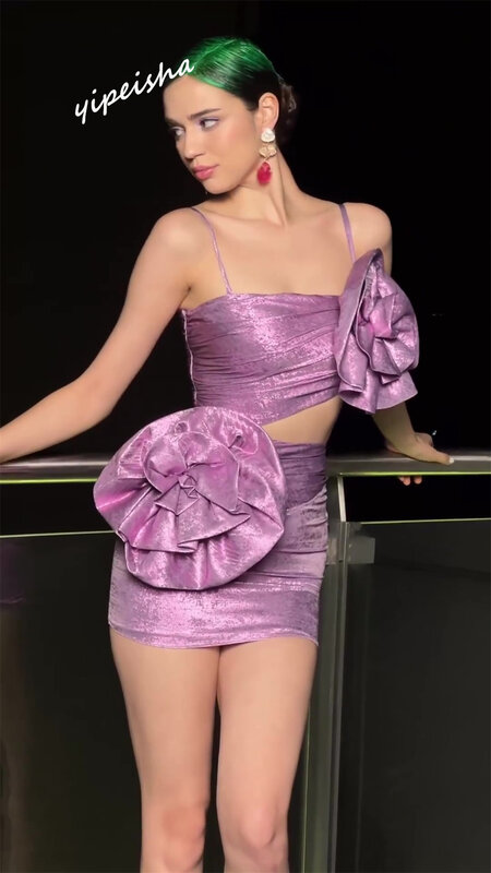 Yipeisha 맞춤형 스파게티 스트랩 시스 미니 칵테일 드레스, 꽃 Charmeuse 패션