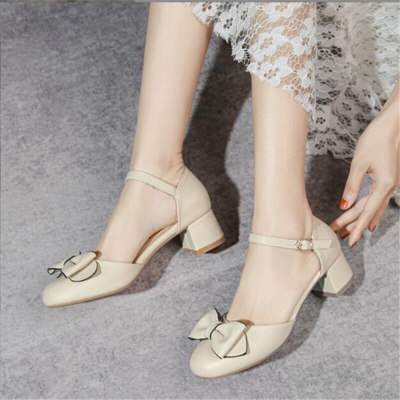 Sepatu hak tinggi anak perempuan sandal anak-anak hak tinggi Mary Jane Pumps Chunky Heels tali pergelangan kaki ikatan simpul pesta Banquet sepatu putri 28-39