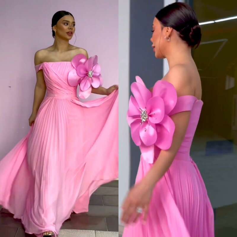 Fashion Matching Jersey Pleat Ruched Draped Handmade Flower A-line Off-the-shoulder Long Dresses Celebrity Dresses Casual