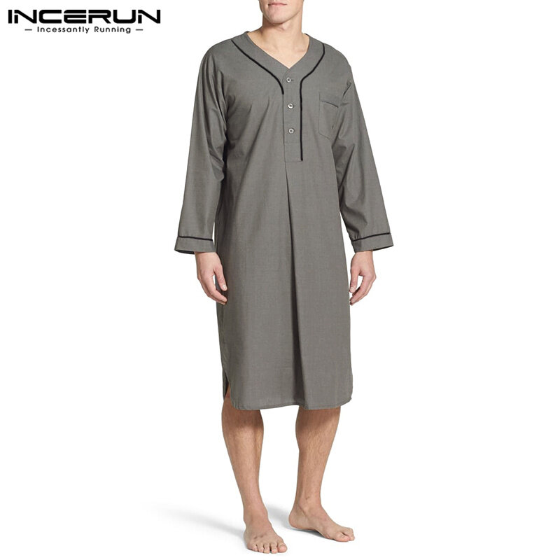 INCERUN ชายเสื้อคลุมนอน2023แขนยาว V คอปุ่ม Homewear Leisure Cozy เสื้อคลุมอาบน้ำคุณภาพสูง Mens Nightgown ชุดนอน