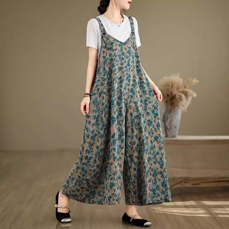 Women's Summer Camisole Pants Versatile 2024 Fashion Large Size Loose Printed Wide Leg Trousers Temperament Thin Jumpsuit K850