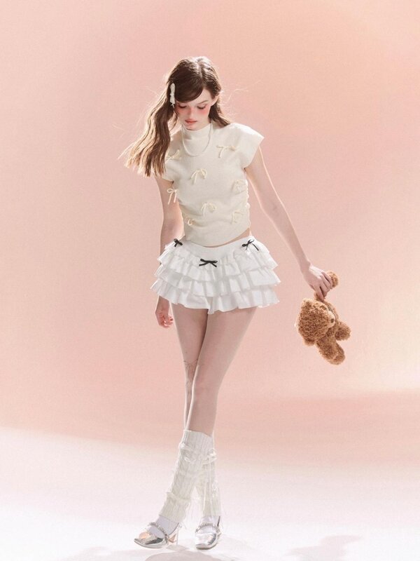 QWEEK Coquette Y2k Kawaii Cute Cake Ruffles White Skirt Women 2024 Hotsweet Bow Slim Skirt Fashion Spring Summer
