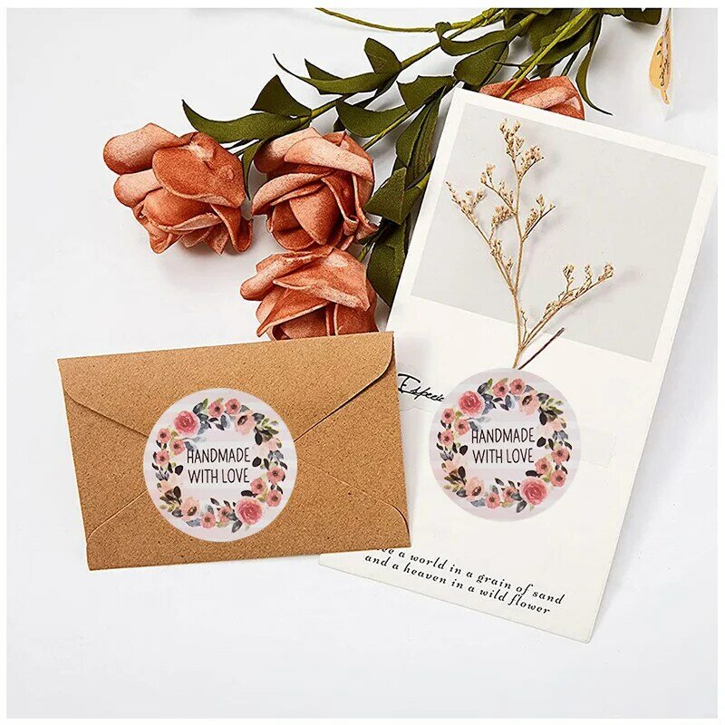 100-500pcs Flower Handmade with Love Stickers for Small Business Packaging Baking Label Envelope Seals Wedding Decor Stationery