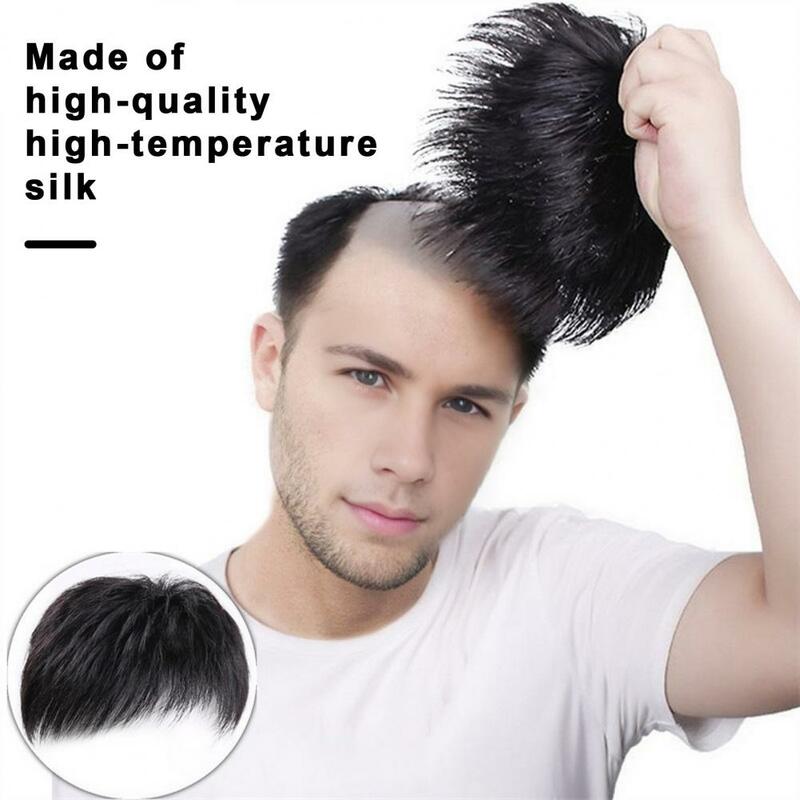 Extensões sintéticas do cabelo com Franja para homens, peruca curta masculina, cabelo natural, tampa principal, cabelo preto