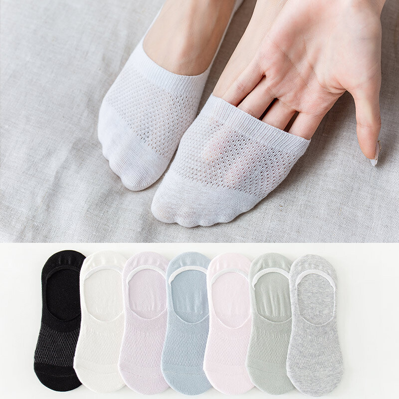 5 Pairs/Lot Women Silicone Non-slip Invisible White Summer Solid Color Mesh Low Cut Boat Socks Female Cotton No Show Slipper Sox