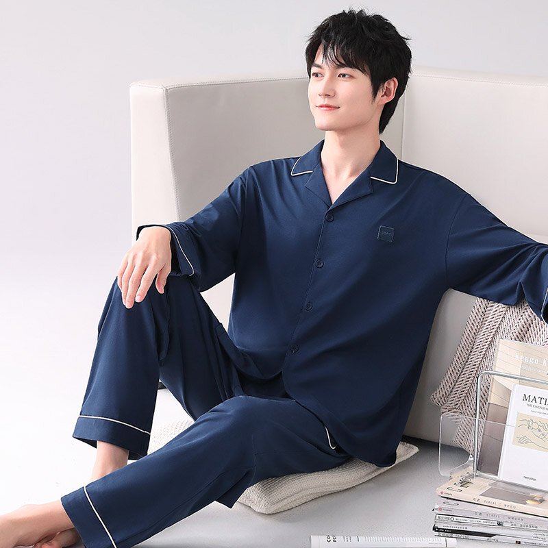 Man Pajamas Sets Spring Autumn Long Sleeve Soft Cotton Pyjamas Cardigan Home Clothing Male Solid Color Loose Casual Sleepwear