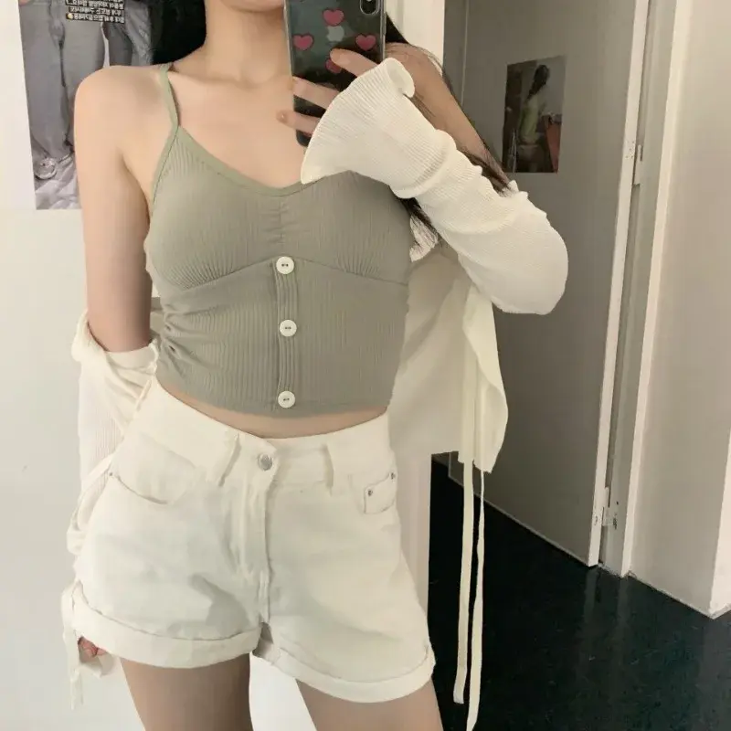 The New Korean Version of Button Solid Color Suspenders Pure Cotton Vest Girls Wear Slim Sleeveless Top Outside The Tide