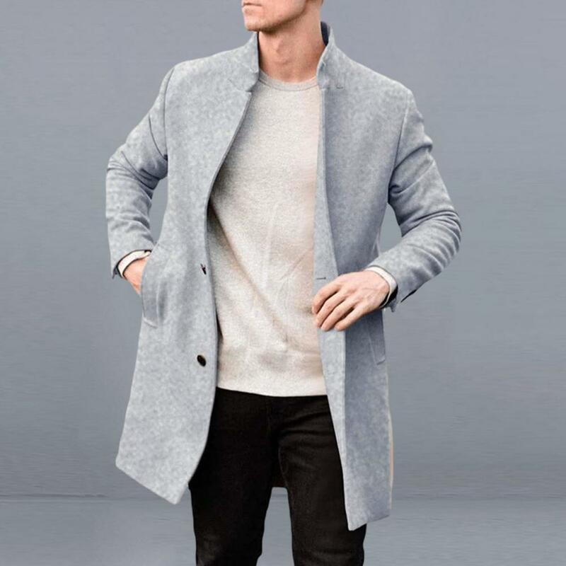 Mantel Jeans warna polos pria, mantel musim dingin kerah berdiri klasik, desain dipertebal warna polos musim gugur