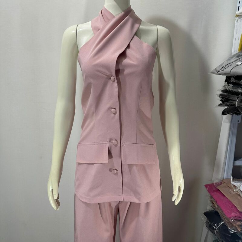 Conjunto de ropa informal para mujer, Top Sexy con espalda descubierta y pantalones de pierna ancha de cintura alta, trajes de 2 piezas