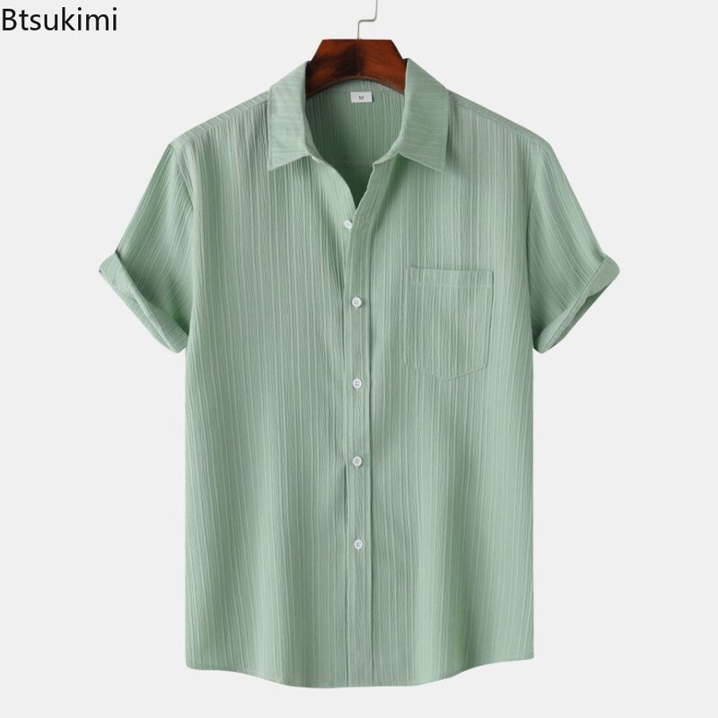 Рубашка мужская с коротким рукавом, Модный повседневный Свободный Топ с лацканами, удобная дышащая простая однотонная блузка, лето 2024