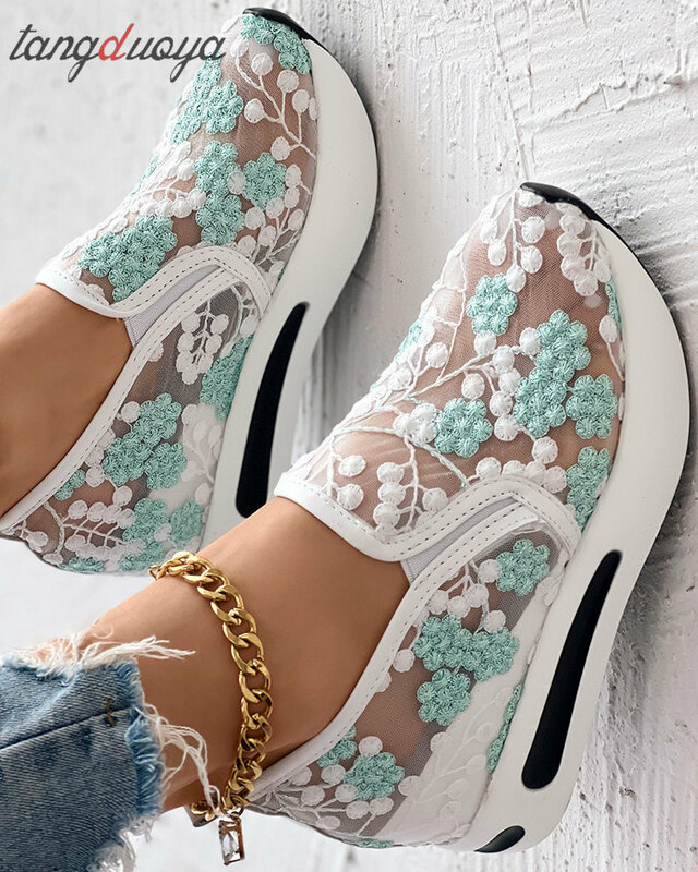 Platform zeppe Sneakers da donna Sneakers in rete con ricamo floreale per donna Slip On Casual comode scarpe con tacco donna taglia bianca 42