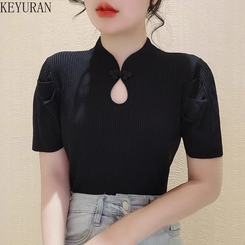 Kaus rajut sutra es gaya Tiongkok baru Sweater wanita 2024 atasan rajut pas badan tipis lengan pendek ramping Vintage musim panas