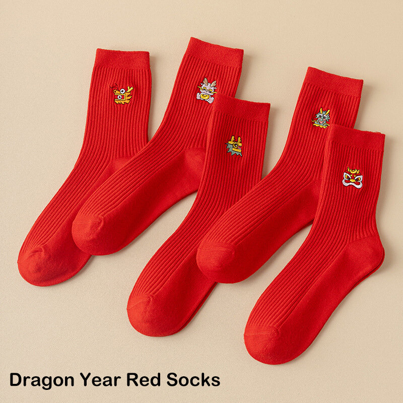 1Pair Winter Red Dragon Year Mid Tube Socks Tight Thickened Warm Slim Sockings Knitted Material