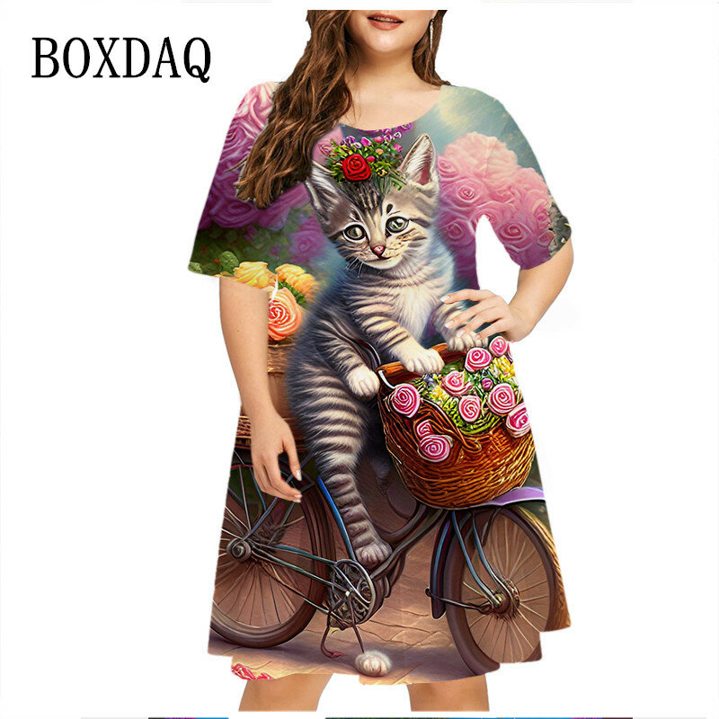 Grappige Vrouwen Schattige Kattenjurk Elegant Casual Straat Korte Mouw A-Lijn Jurk Zomer Trendy Fiets Bloemenprint Jurk Plus Size