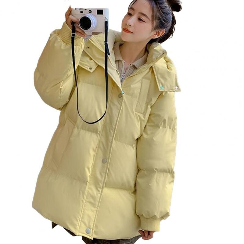เสื้อโค้ทดาวน์ผ้าฝ้ายผู้หญิงมีฮู้ดสไตล์เกาหลีเสื้อโค้ทขนคอตั้งหนากันลมมีซิปแบบยืดหยุ่น