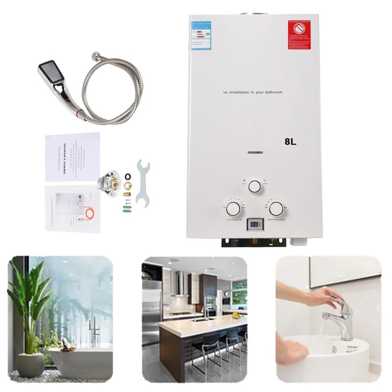 8L Tankless Propane Gas Water Heater 16KW LPG Instant Hot Water Heater Boiler LED Display Outdoor Camping With Shower Head Kit