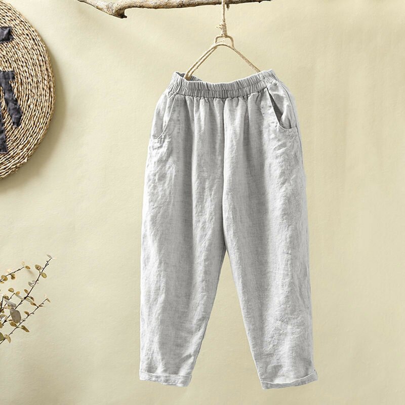 Casual Pants Women Summer Cotton Button Elastic Waist Ankle-Length Basic Cool S-5xl All-Match Simple Chic Harem Trousers Female