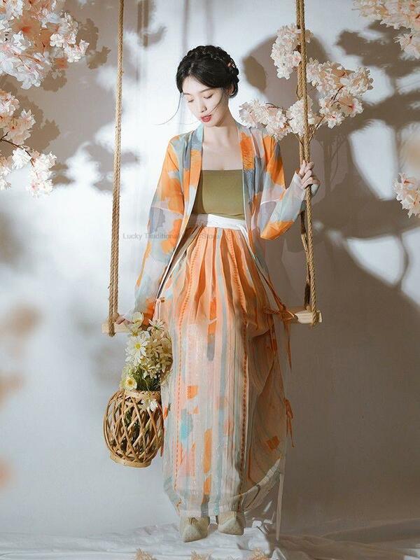 Vestido Hanfu de estilo chino para mujer, conjunto Floral tradicional antiguo, ropa Vintage de la dinastía Song, baile folclórico, mejorado