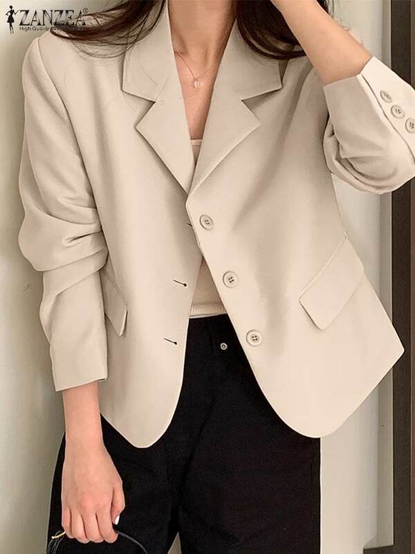 ZANZEA-Blusa de lapela de manga comprida para mulheres, jaquetas casuais, tops de túnica, camisa de trabalho, outwear feminino, moda OL Blazer