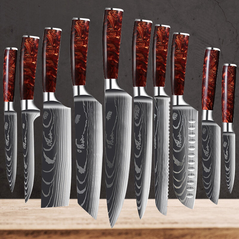 7Cr17Mov Japanese Santoku Knife Chef Knife Damascus Laser Pattern Kitchen Knives Set Boning Knife Meat Cleaver Red Resin Handle