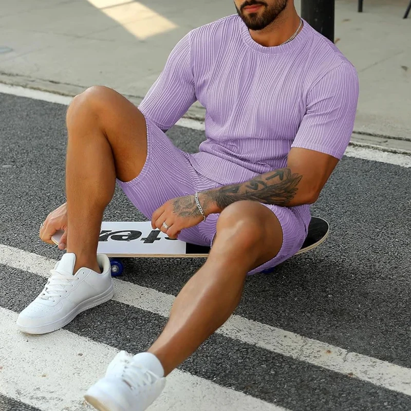 Vintage Solid Color Striped Mens Two Piece Suits Short Sleeve O Neck T Shirts And Shorts Sets 2024 Summer Men Fashion Outfits