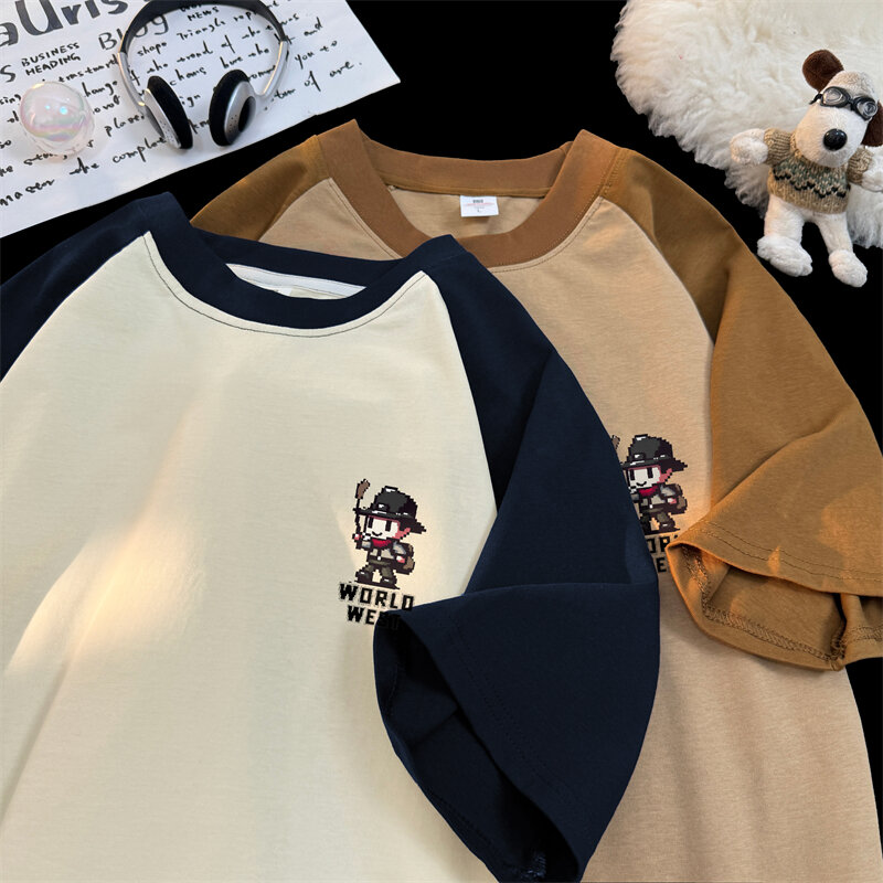 -Ah! Pixel Little Man Pure Cotton Raglan T-shirt, manga curta, camiseta casal, 2022