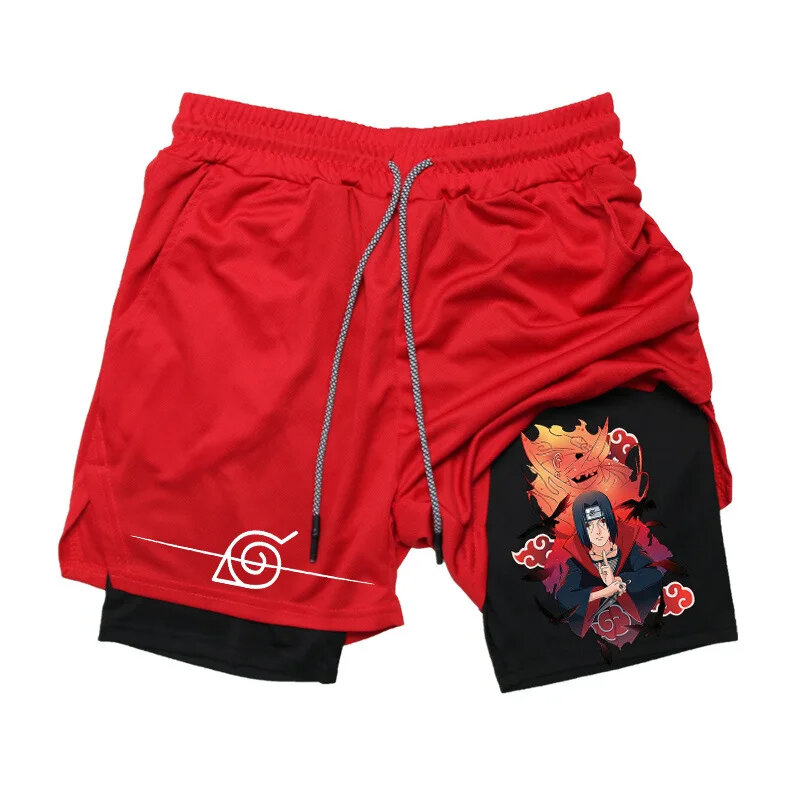 Pantalones cortos de compresión de gimnasio de Anime para hombres, pantalones cortos de rendimiento 2 en 1 con bolsillo para teléfono, secado rápido, correr, entrenamiento, Fitness