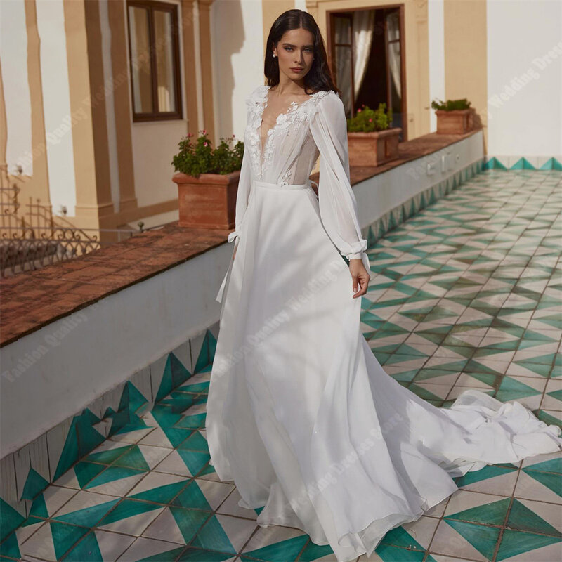 Shining Chiffon Women Wedding Dresses Fluffy Long Sleeves A-Line Bridal Gowns 2024 Bright Printing Princess Vestidos De Novias