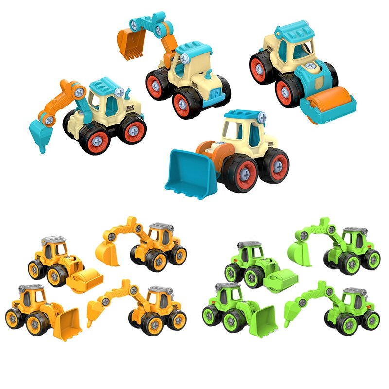 子供のための創造的なエンジニアリングトラックとブルドーザーのネジ、ナットの分解、ローディング掘削機、車のツール、教育玩具、車、4個