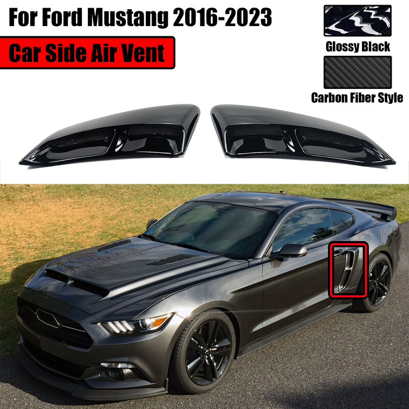 2PCS For Ford Mustang 2016-2023 Car Side Air Vents Rear Fender Outlet Scoop Trim Door Exterior Glossy Black Carbon Fiber Style