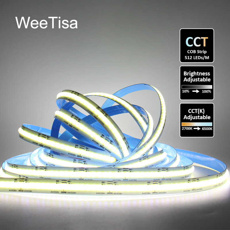Светодиодная лента CCT COB, 24 В постоянного тока, 512 светодиодов, высокая плотность, двойной белый ФОБ, гибкая лента 1 м, 2 м, 3 м, 5 м, ленточная полоса, линейная лампа для комнаты