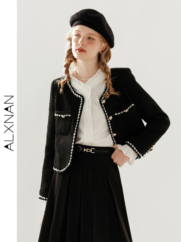 ALXNAN jaket crop Tweed hitam kasual untuk wanita, 2024 elegan lurus lengan panjang musim gugur musim dingin O-neck mantel pendek TM00315