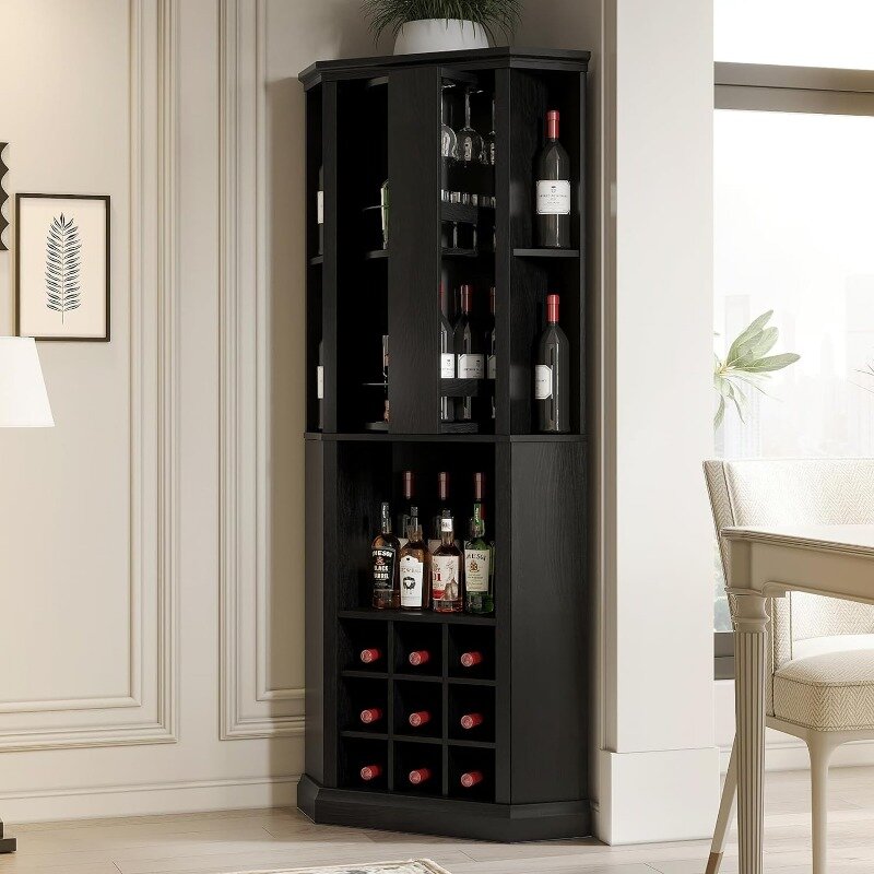 VOWNER kabinet anggur sudut dengan rak anggur kaca putar, kabinet penyimpanan Bar rumah pertanian dengan pemegang cangkir, Kabinet Bar rumah