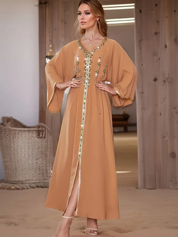 Odoodem Damen Freizeit kleider Strass Dekor Kontrast Trim Kaftan Kleid elegante V-Ausschnitt Langarm Maxi kleid