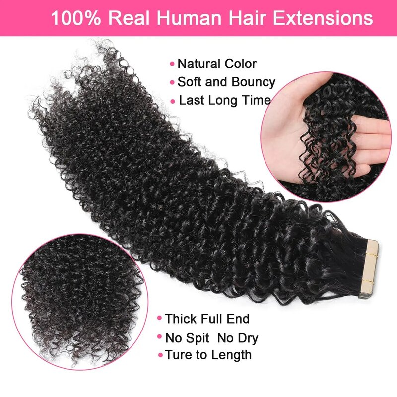 Extensiones de cabello humano rizado Remy, cinta de trama de piel rizada profunda, pieza de cabello de alta calidad, 26 pulgadas, 20 unids/lote por paquete