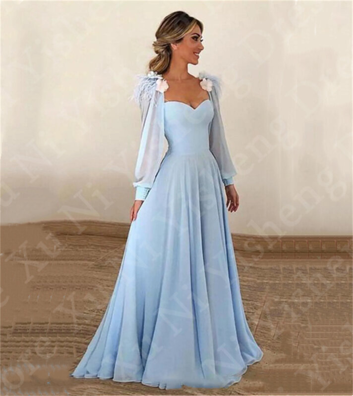 Vestido de graduación azul claro para mujer, manga larga, línea A, estéreo, flores, apliques de plumas, vestido de noche, vestido de fiesta de boda