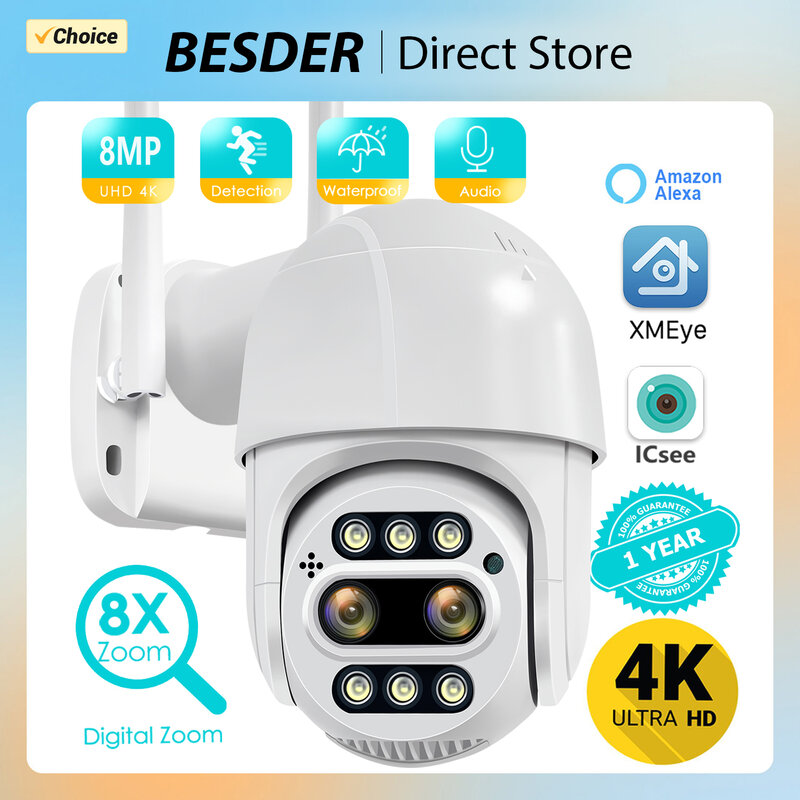 Besder-كاميرا مراقبة فيديو ptz ip wifi خارجية ، تكبير 8x ، عدسة مزدوجة ، كشف الإنسان ، cctv ، icsee alexa ، 4k ، 8mp