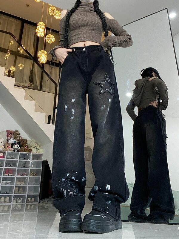 Celana Jin tabung lurus dengan percikan tinta retro Amerika untuk wanita di musim gugur baru dopamin celana kaki lebar berpinggang tinggi